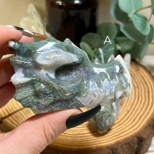 Moss Agate Dragon Skull