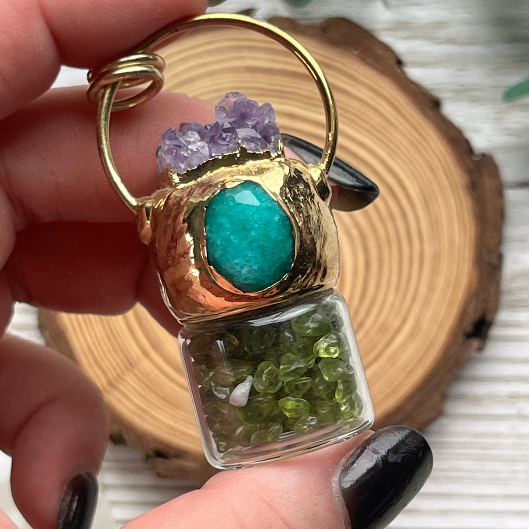 Gold Metal Peridot Chips Pendant with Amethyst and Turquoise